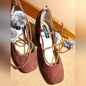 Lord & Taylor Brand New Tie Up Wedges with pompoms.